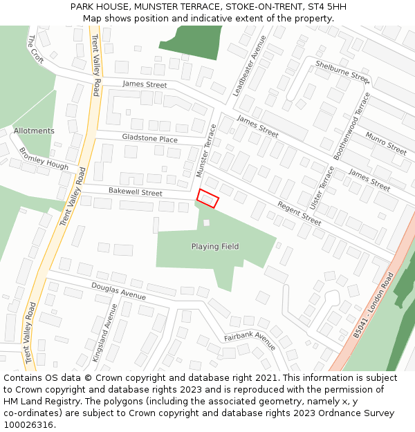 PARK HOUSE, MUNSTER TERRACE, STOKE-ON-TRENT, ST4 5HH: Location map and indicative extent of plot