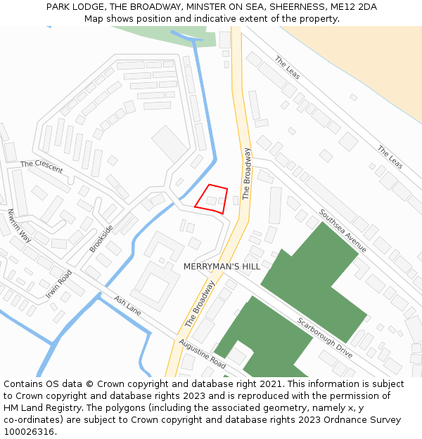 PARK LODGE, THE BROADWAY, MINSTER ON SEA, SHEERNESS, ME12 2DA: Location map and indicative extent of plot