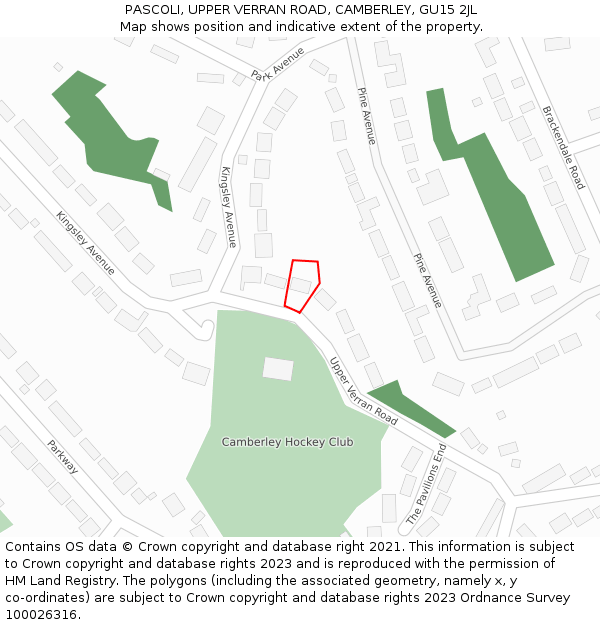 PASCOLI, UPPER VERRAN ROAD, CAMBERLEY, GU15 2JL: Location map and indicative extent of plot