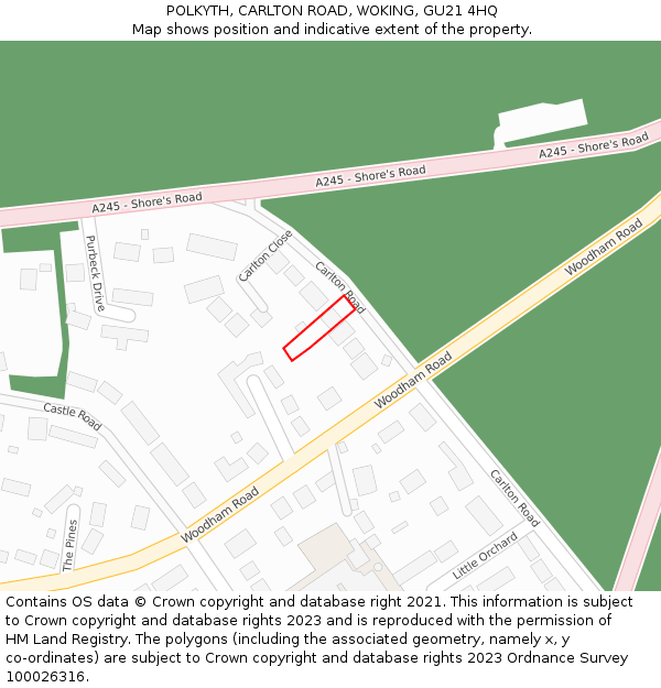 POLKYTH, CARLTON ROAD, WOKING, GU21 4HQ: Location map and indicative extent of plot