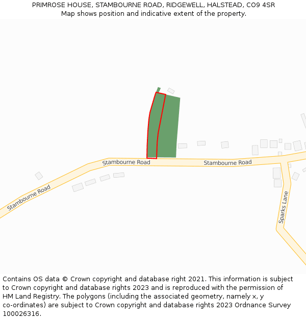 PRIMROSE HOUSE, STAMBOURNE ROAD, RIDGEWELL, HALSTEAD, CO9 4SR: Location map and indicative extent of plot