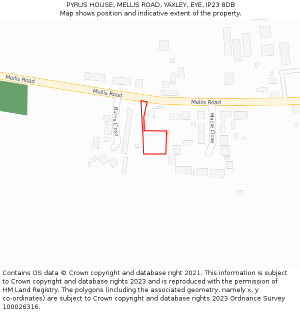 PYRUS HOUSE, MELLIS ROAD, YAXLEY, EYE, IP23 8DB: Location map and indicative extent of plot