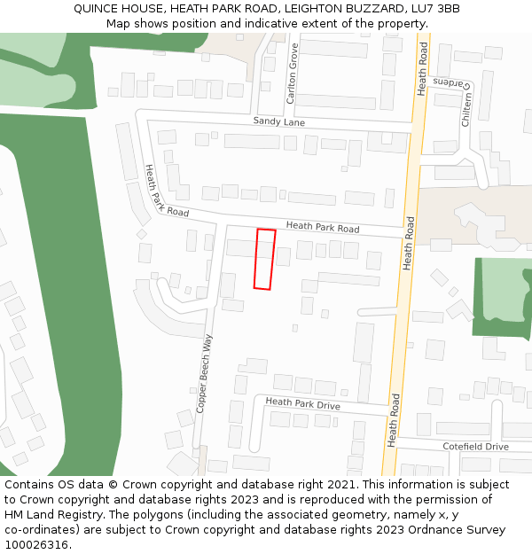 QUINCE HOUSE, HEATH PARK ROAD, LEIGHTON BUZZARD, LU7 3BB: Location map and indicative extent of plot