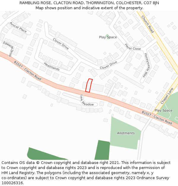 RAMBLING ROSE, CLACTON ROAD, THORRINGTON, COLCHESTER, CO7 8JN: Location map and indicative extent of plot