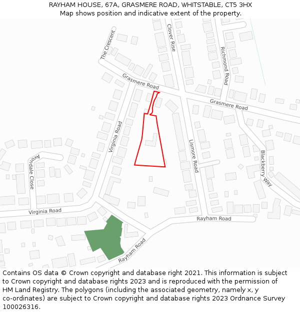 RAYHAM HOUSE, 67A, GRASMERE ROAD, WHITSTABLE, CT5 3HX: Location map and indicative extent of plot