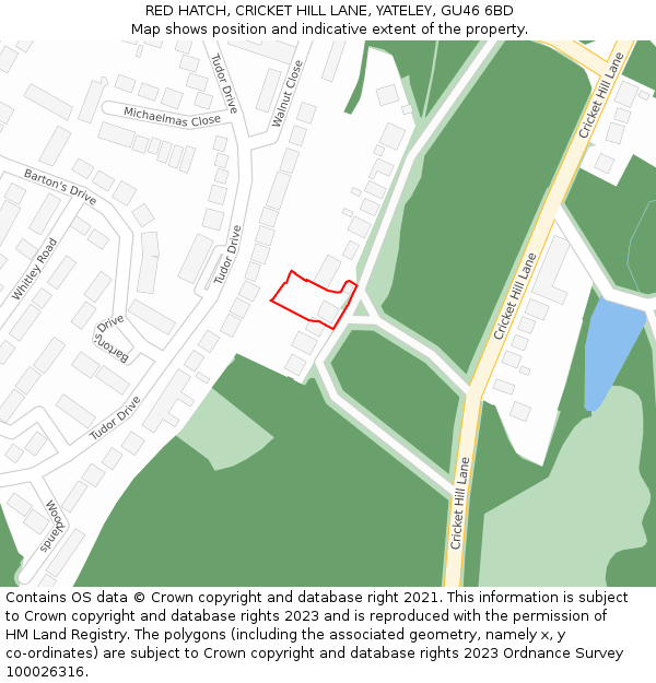 RED HATCH, CRICKET HILL LANE, YATELEY, GU46 6BD: Location map and indicative extent of plot