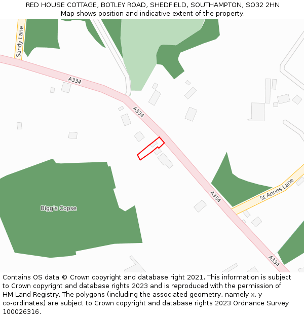 RED HOUSE COTTAGE, BOTLEY ROAD, SHEDFIELD, SOUTHAMPTON, SO32 2HN: Location map and indicative extent of plot