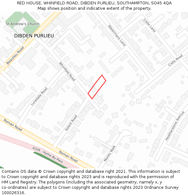 RED HOUSE, WHINFIELD ROAD, DIBDEN PURLIEU, SOUTHAMPTON, SO45 4QA: Location map and indicative extent of plot