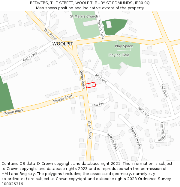 REDVERS, THE STREET, WOOLPIT, BURY ST EDMUNDS, IP30 9QJ: Location map and indicative extent of plot