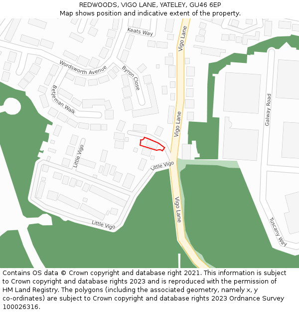 REDWOODS, VIGO LANE, YATELEY, GU46 6EP: Location map and indicative extent of plot