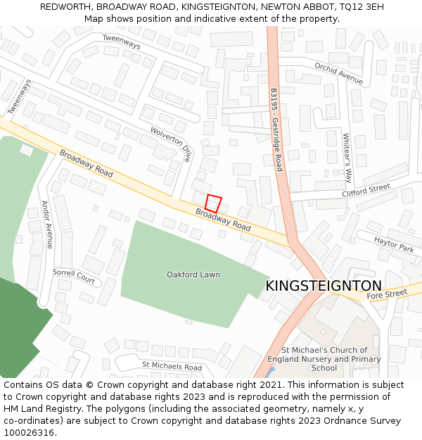REDWORTH, BROADWAY ROAD, KINGSTEIGNTON, NEWTON ABBOT, TQ12 3EH: Location map and indicative extent of plot
