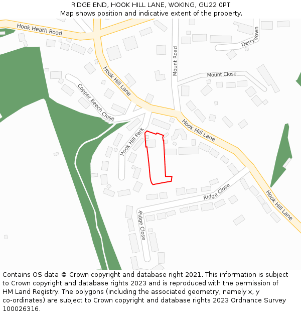 RIDGE END, HOOK HILL LANE, WOKING, GU22 0PT: Location map and indicative extent of plot