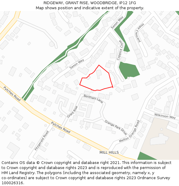 RIDGEWAY, GRANT RISE, WOODBRIDGE, IP12 1FG: Location map and indicative extent of plot