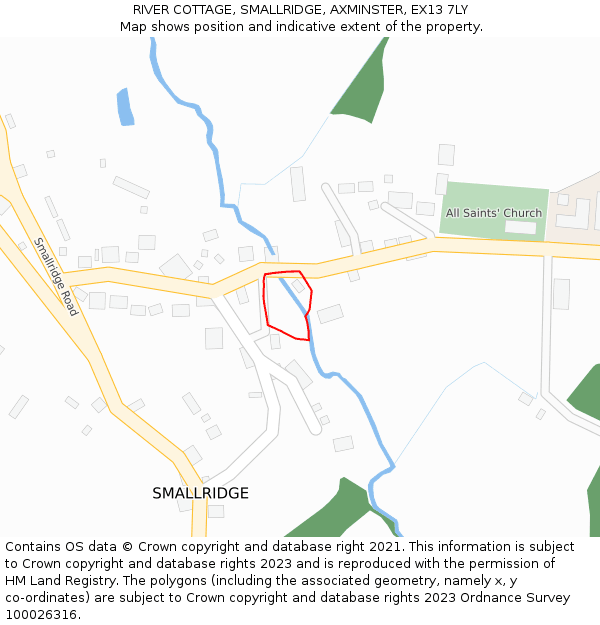 RIVER COTTAGE, SMALLRIDGE, AXMINSTER, EX13 7LY: Location map and indicative extent of plot