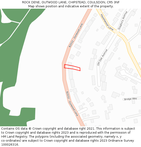 ROCK DENE, OUTWOOD LANE, CHIPSTEAD, COULSDON, CR5 3NF: Location map and indicative extent of plot