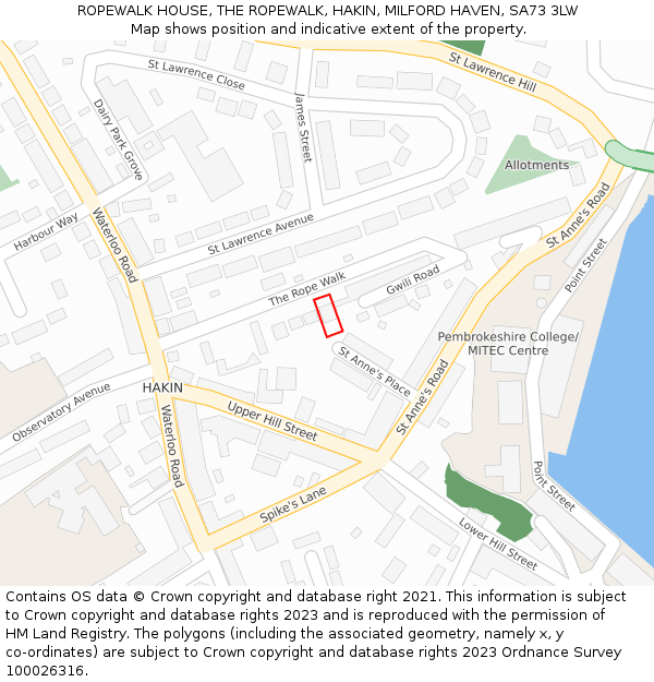 ROPEWALK HOUSE, THE ROPEWALK, HAKIN, MILFORD HAVEN, SA73 3LW: Location map and indicative extent of plot