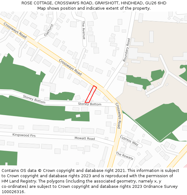 ROSE COTTAGE, CROSSWAYS ROAD, GRAYSHOTT, HINDHEAD, GU26 6HD: Location map and indicative extent of plot