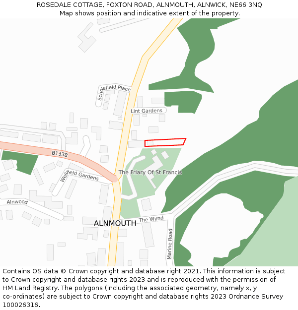 ROSEDALE COTTAGE, FOXTON ROAD, ALNMOUTH, ALNWICK, NE66 3NQ: Location map and indicative extent of plot