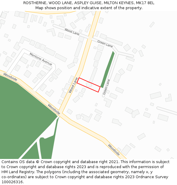 ROSTHERNE, WOOD LANE, ASPLEY GUISE, MILTON KEYNES, MK17 8EL: Location map and indicative extent of plot