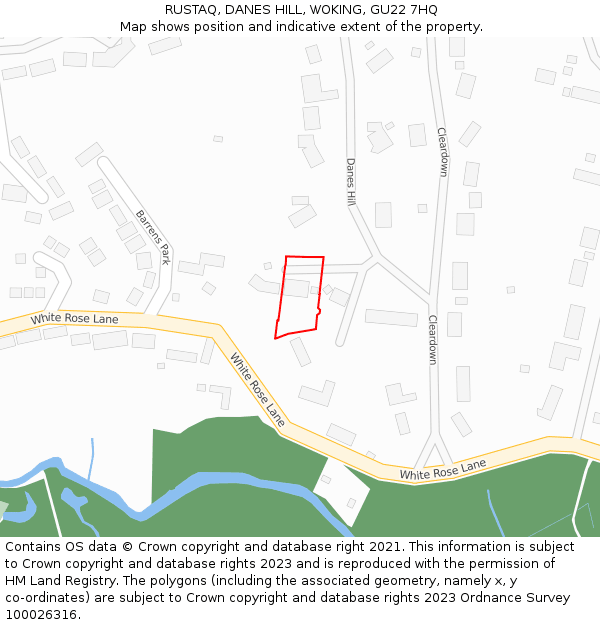 RUSTAQ, DANES HILL, WOKING, GU22 7HQ: Location map and indicative extent of plot