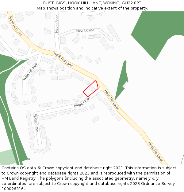 RUSTLINGS, HOOK HILL LANE, WOKING, GU22 0PT: Location map and indicative extent of plot