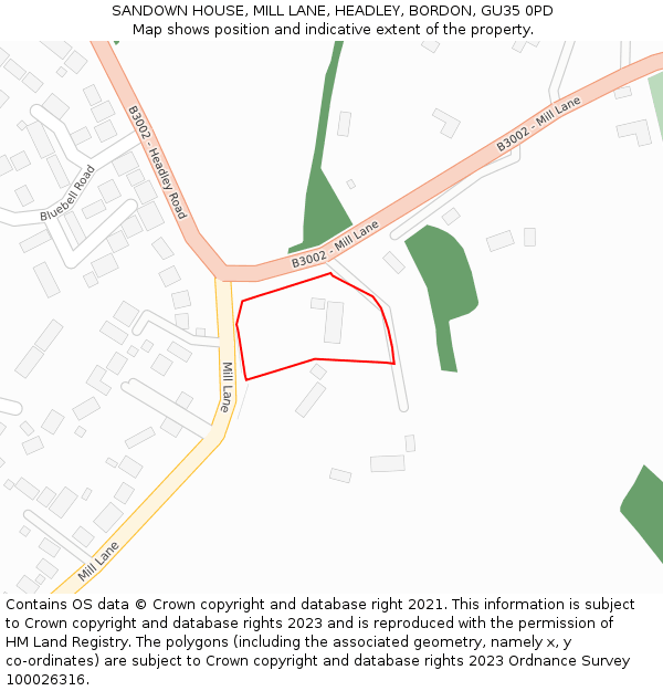 SANDOWN HOUSE, MILL LANE, HEADLEY, BORDON, GU35 0PD: Location map and indicative extent of plot