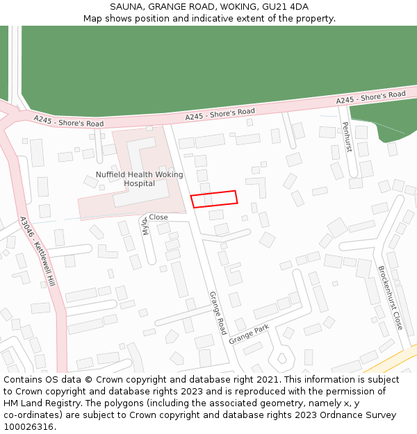 SAUNA, GRANGE ROAD, WOKING, GU21 4DA: Location map and indicative extent of plot