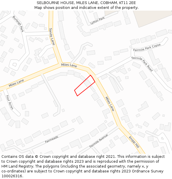 SELBOURNE HOUSE, MILES LANE, COBHAM, KT11 2EE: Location map and indicative extent of plot