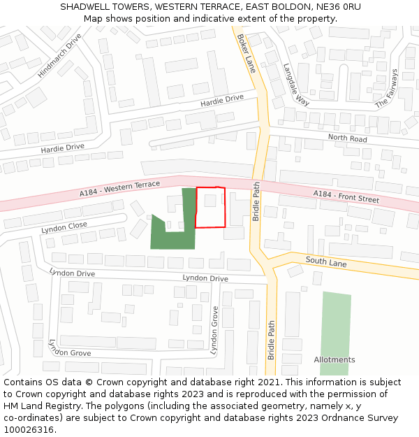 SHADWELL TOWERS, WESTERN TERRACE, EAST BOLDON, NE36 0RU: Location map and indicative extent of plot