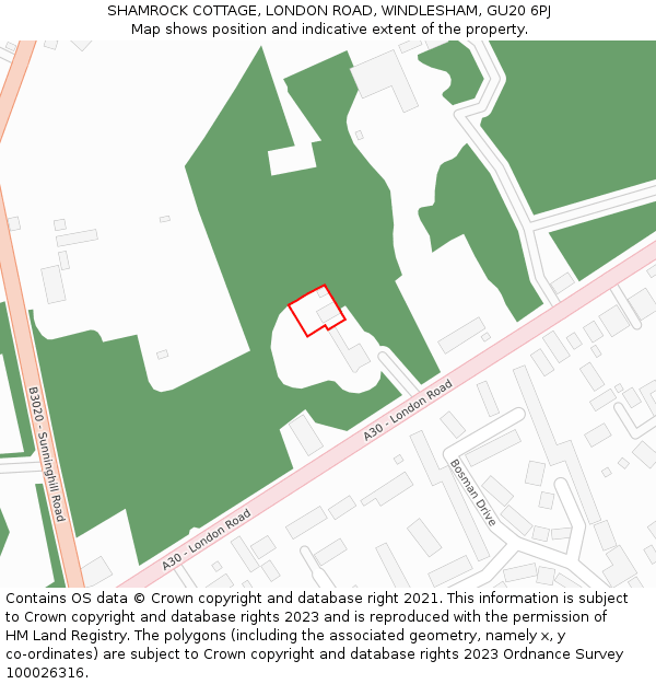 SHAMROCK COTTAGE, LONDON ROAD, WINDLESHAM, GU20 6PJ: Location map and indicative extent of plot