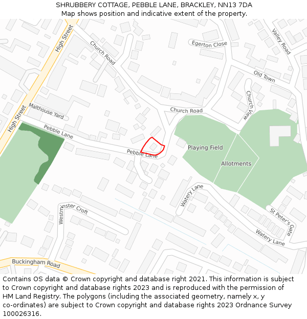 SHRUBBERY COTTAGE, PEBBLE LANE, BRACKLEY, NN13 7DA: Location map and indicative extent of plot