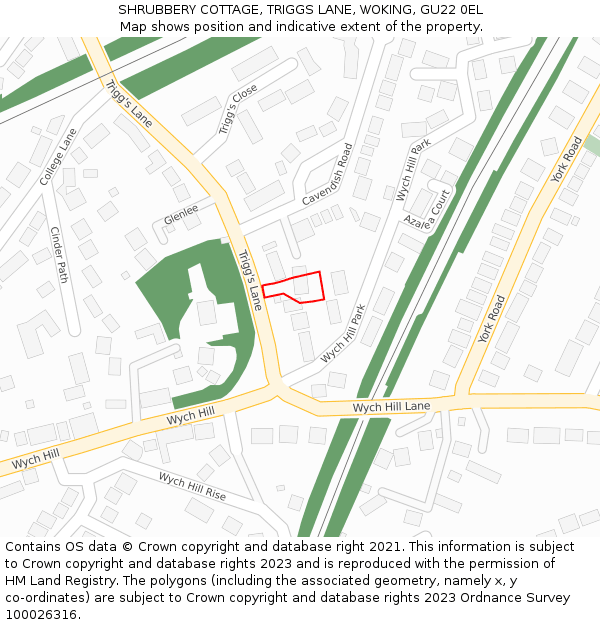 SHRUBBERY COTTAGE, TRIGGS LANE, WOKING, GU22 0EL: Location map and indicative extent of plot