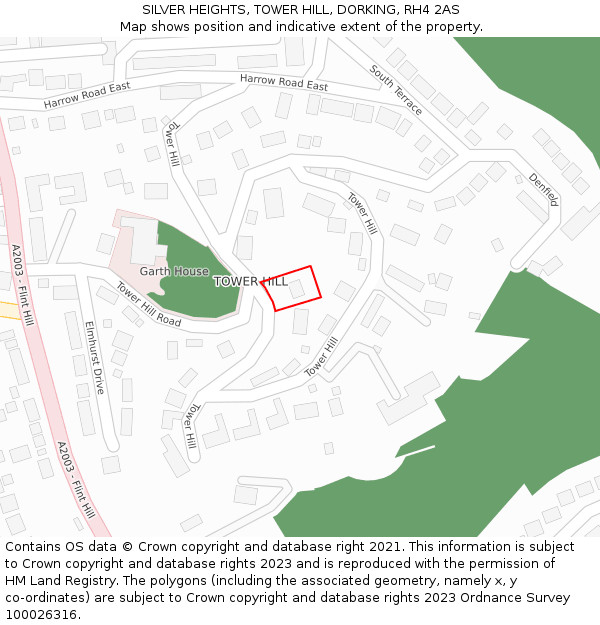 SILVER HEIGHTS, TOWER HILL, DORKING, RH4 2AS: Location map and indicative extent of plot