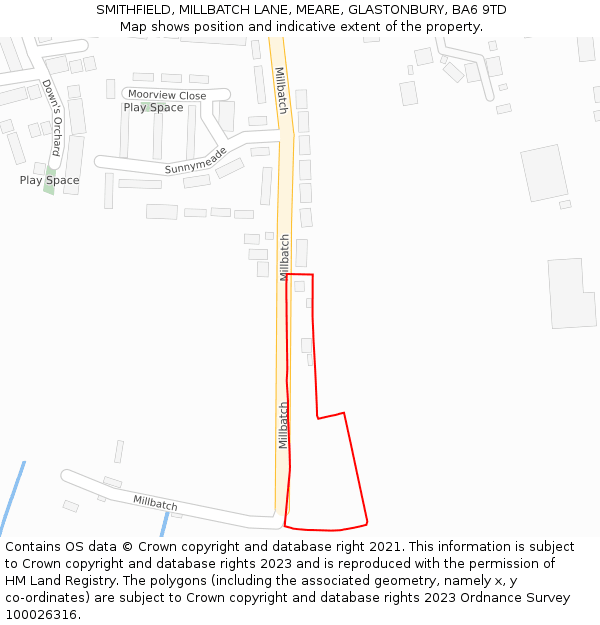 SMITHFIELD, MILLBATCH LANE, MEARE, GLASTONBURY, BA6 9TD: Location map and indicative extent of plot