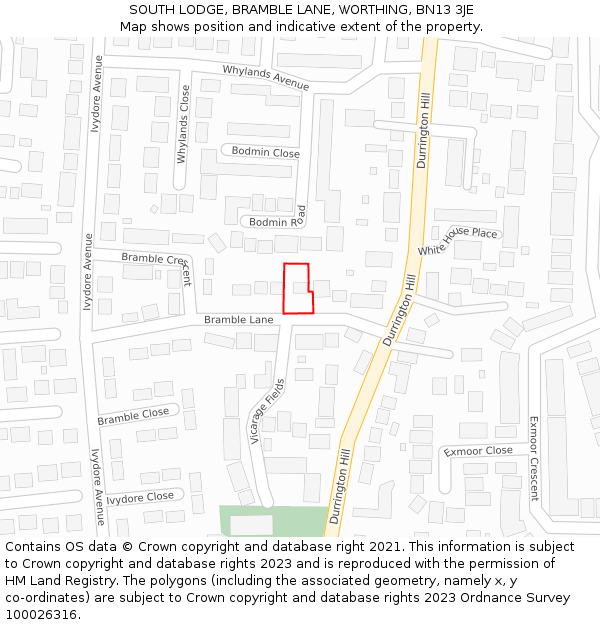 SOUTH LODGE, BRAMBLE LANE, WORTHING, BN13 3JE: Location map and indicative extent of plot