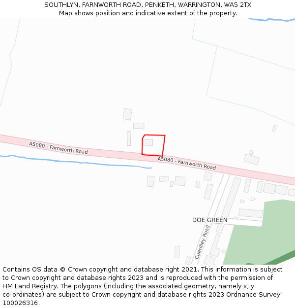 SOUTHLYN, FARNWORTH ROAD, PENKETH, WARRINGTON, WA5 2TX: Location map and indicative extent of plot