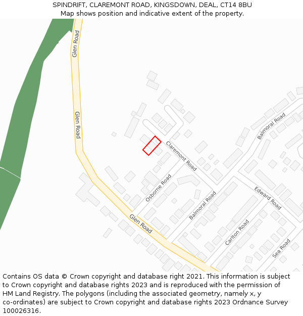 SPINDRIFT, CLAREMONT ROAD, KINGSDOWN, DEAL, CT14 8BU: Location map and indicative extent of plot