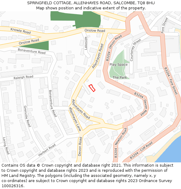 SPRINGFIELD COTTAGE, ALLENHAYES ROAD, SALCOMBE, TQ8 8HU: Location map and indicative extent of plot