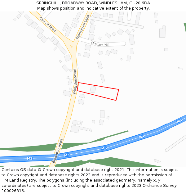 SPRINGHILL, BROADWAY ROAD, WINDLESHAM, GU20 6DA: Location map and indicative extent of plot