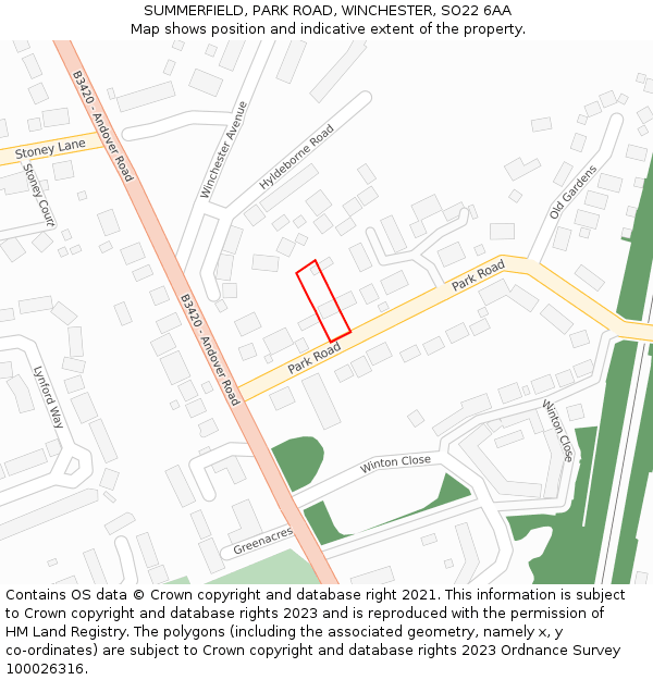 SUMMERFIELD, PARK ROAD, WINCHESTER, SO22 6AA: Location map and indicative extent of plot