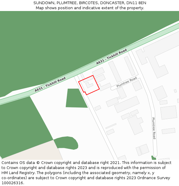 SUNDOWN, PLUMTREE, BIRCOTES, DONCASTER, DN11 8EN: Location map and indicative extent of plot