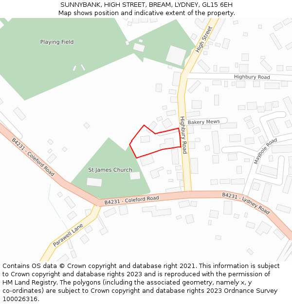 SUNNYBANK, HIGH STREET, BREAM, LYDNEY, GL15 6EH: Location map and indicative extent of plot