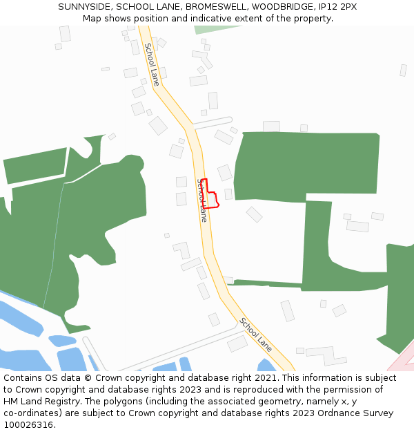 SUNNYSIDE, SCHOOL LANE, BROMESWELL, WOODBRIDGE, IP12 2PX: Location map and indicative extent of plot