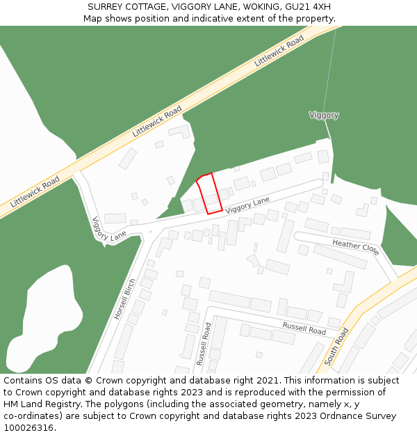 SURREY COTTAGE, VIGGORY LANE, WOKING, GU21 4XH: Location map and indicative extent of plot