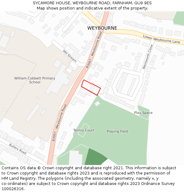 SYCAMORE HOUSE, WEYBOURNE ROAD, FARNHAM, GU9 9ES: Location map and indicative extent of plot