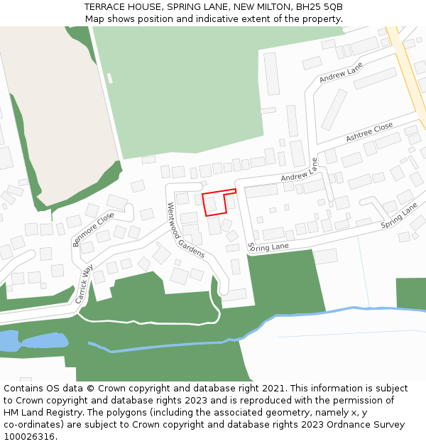 TERRACE HOUSE, SPRING LANE, NEW MILTON, BH25 5QB: Location map and indicative extent of plot