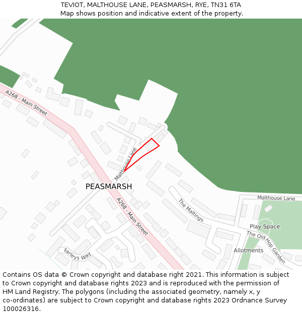 TEVIOT, MALTHOUSE LANE, PEASMARSH, RYE, TN31 6TA: Location map and indicative extent of plot