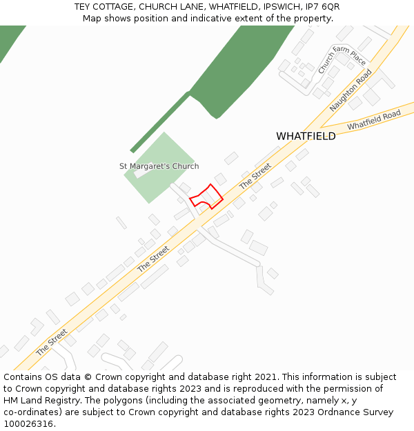 TEY COTTAGE, CHURCH LANE, WHATFIELD, IPSWICH, IP7 6QR: Location map and indicative extent of plot