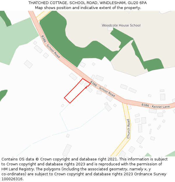 THATCHED COTTAGE, SCHOOL ROAD, WINDLESHAM, GU20 6PA: Location map and indicative extent of plot