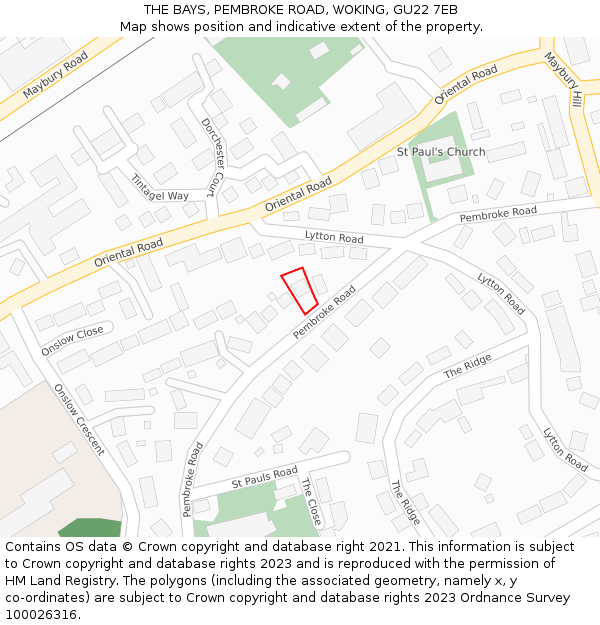 THE BAYS, PEMBROKE ROAD, WOKING, GU22 7EB: Location map and indicative extent of plot